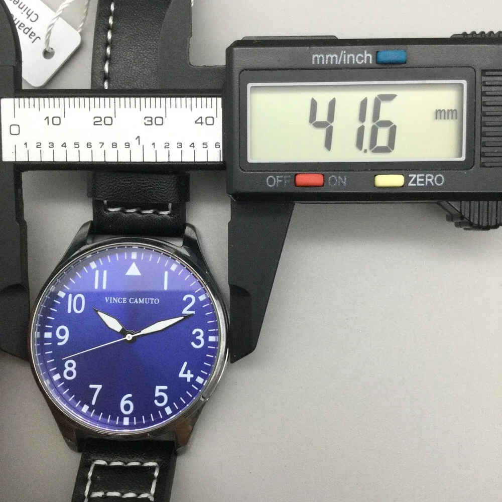 Vince Camuto Mens Watch 42mm Blue Dial Black Leather Stainless New Battery